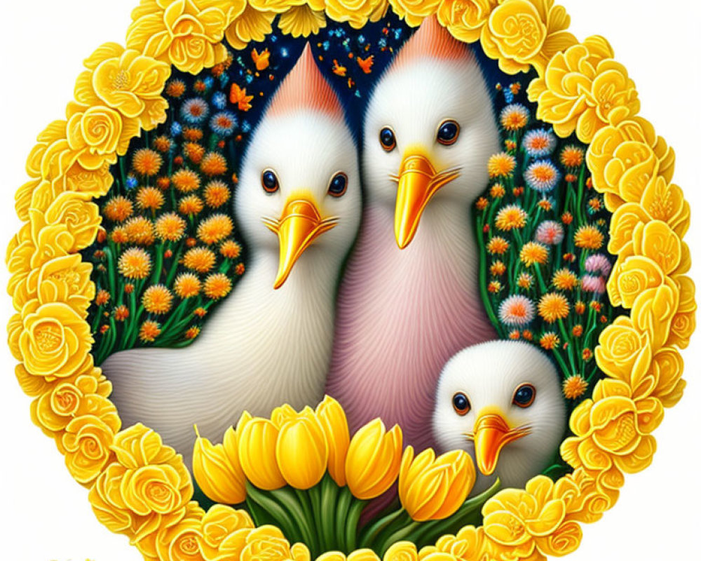 Illustrated chicks in floral circle on floral backdrop