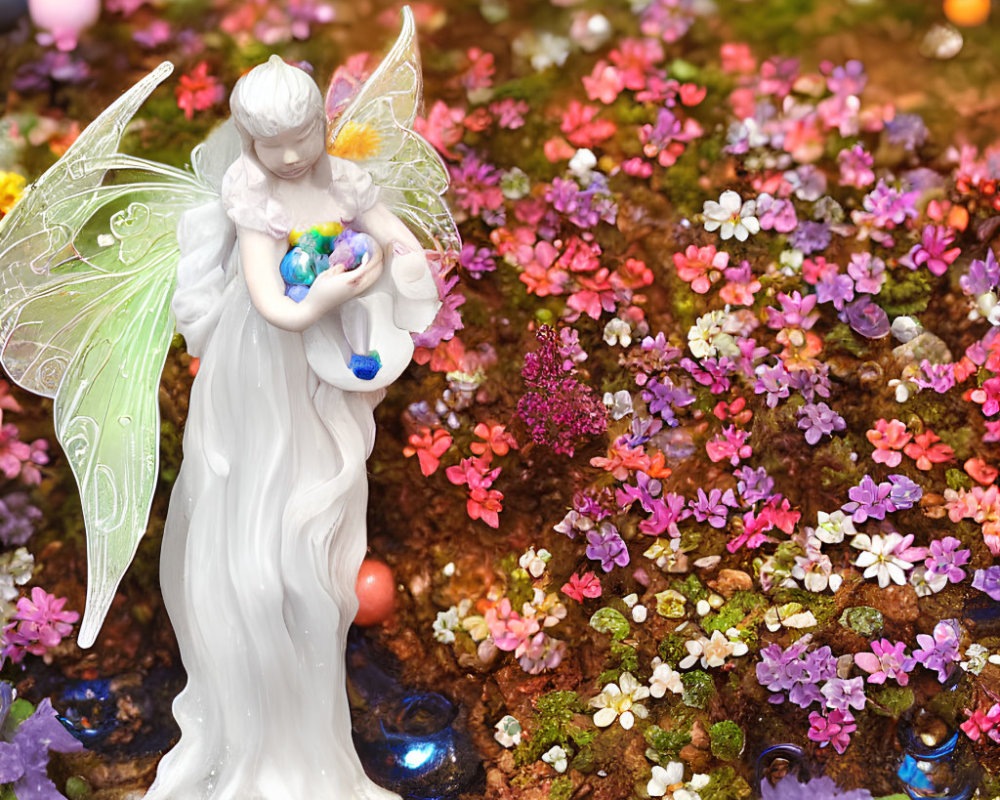 Porcelain fairy figurine with heart, wings, flowers, and marbles