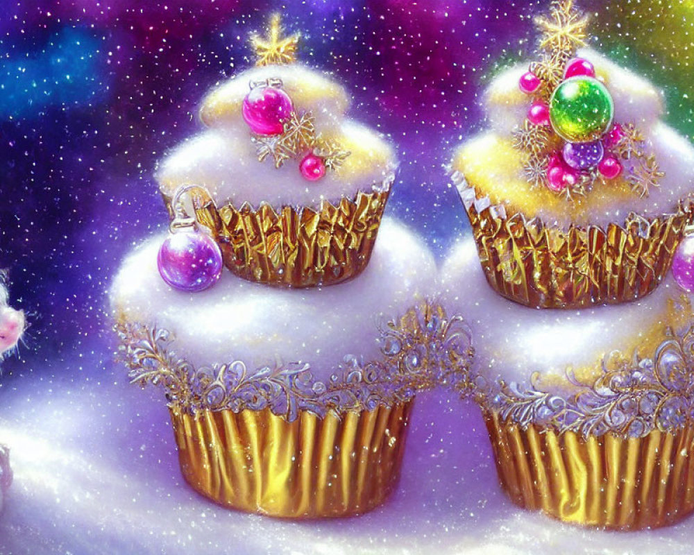 Colorful Ornaments Cupcakes and Cute Creature on Snowy Background