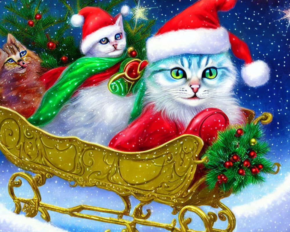 Three Cats in Golden Sleigh with Christmas Hats in Snowy Scene