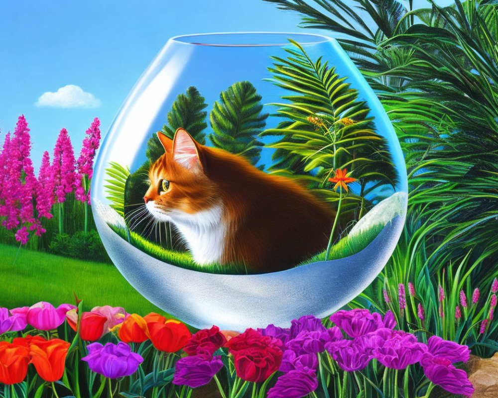 Cat in fishbowl surrounded by tulips and tropical scenery