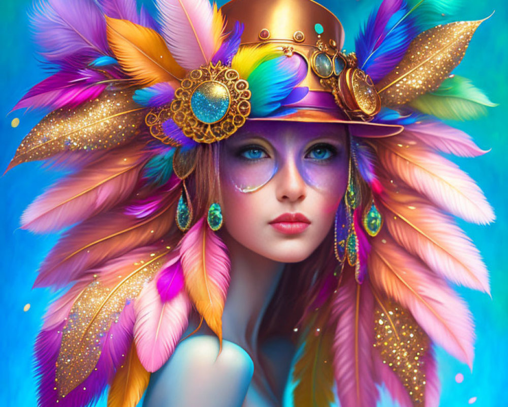 Colorful woman with purple eyes in steampunk hat illustration