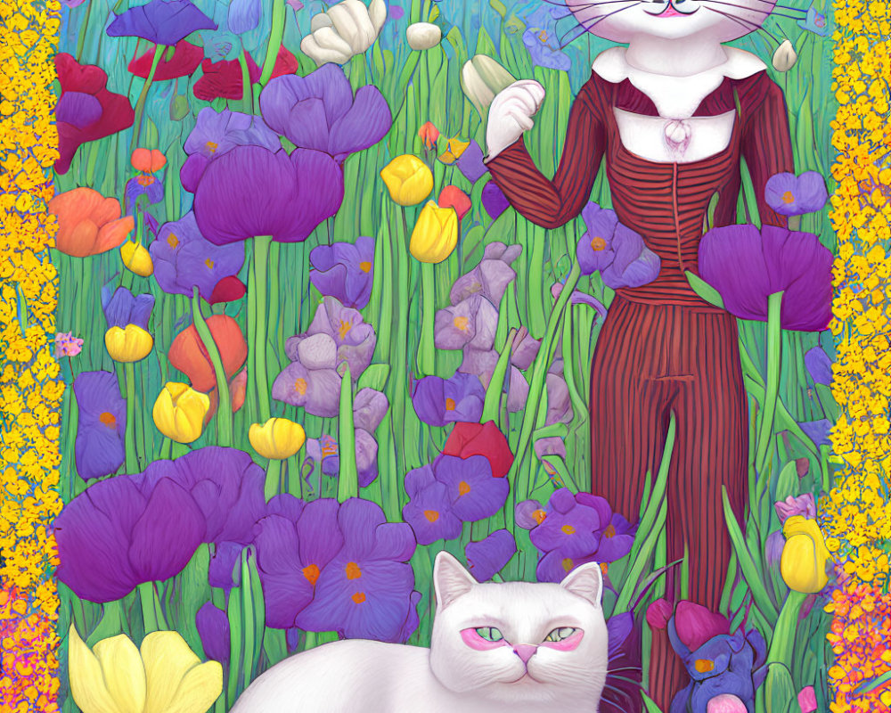 Elegant anthropomorphic cat with cane among colorful flowers