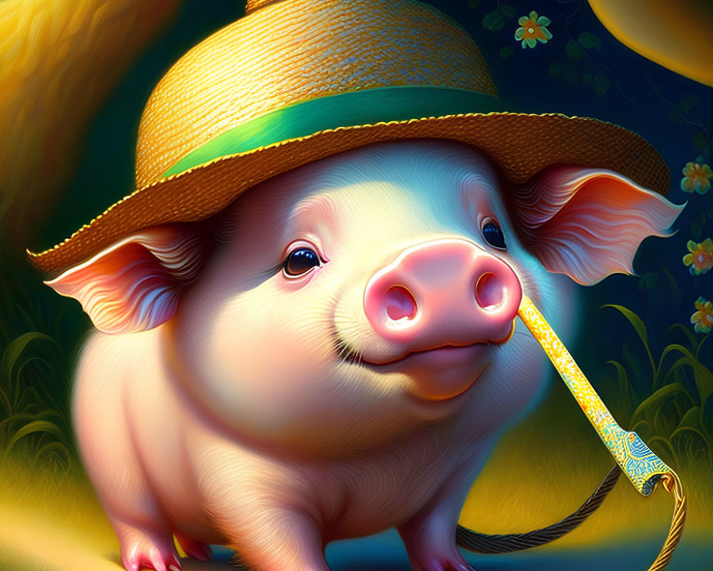 Whimsical piglet with straw hat in vibrant garden landscape