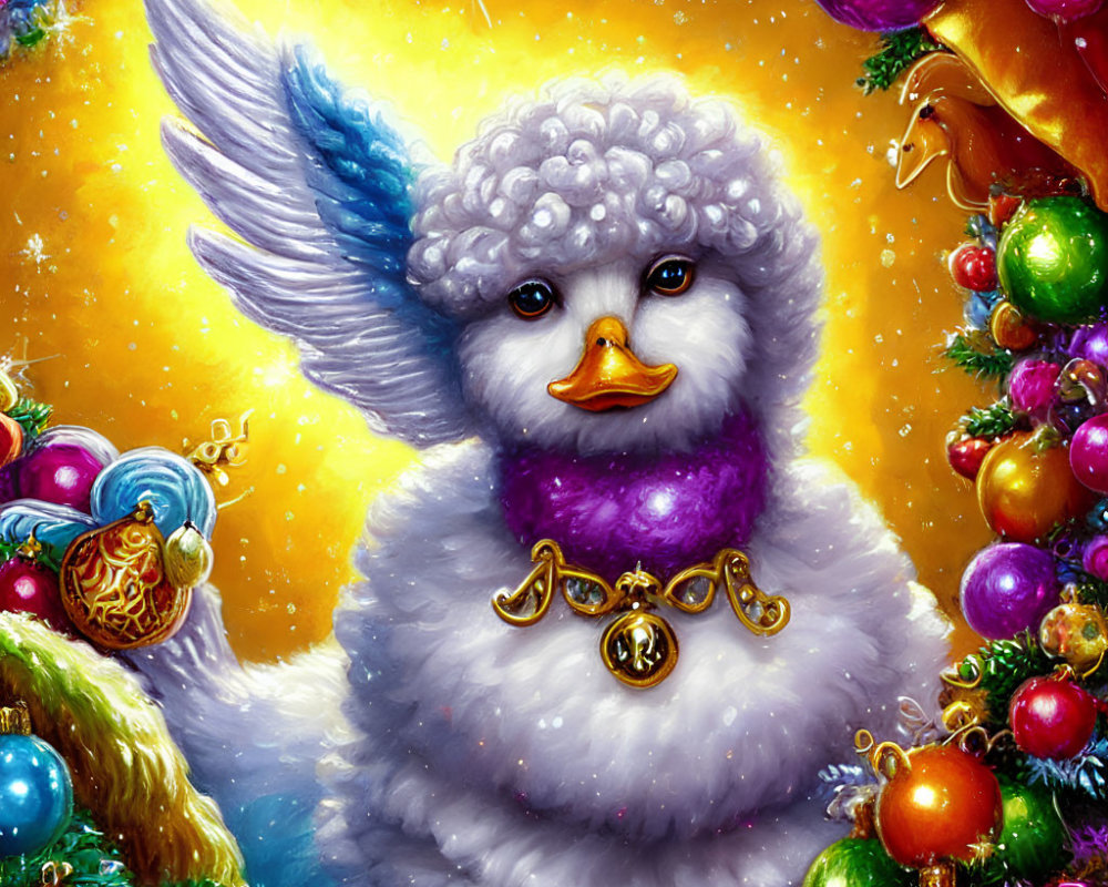 Fluffy white duck with purple scarf and majestic wing in festive setting