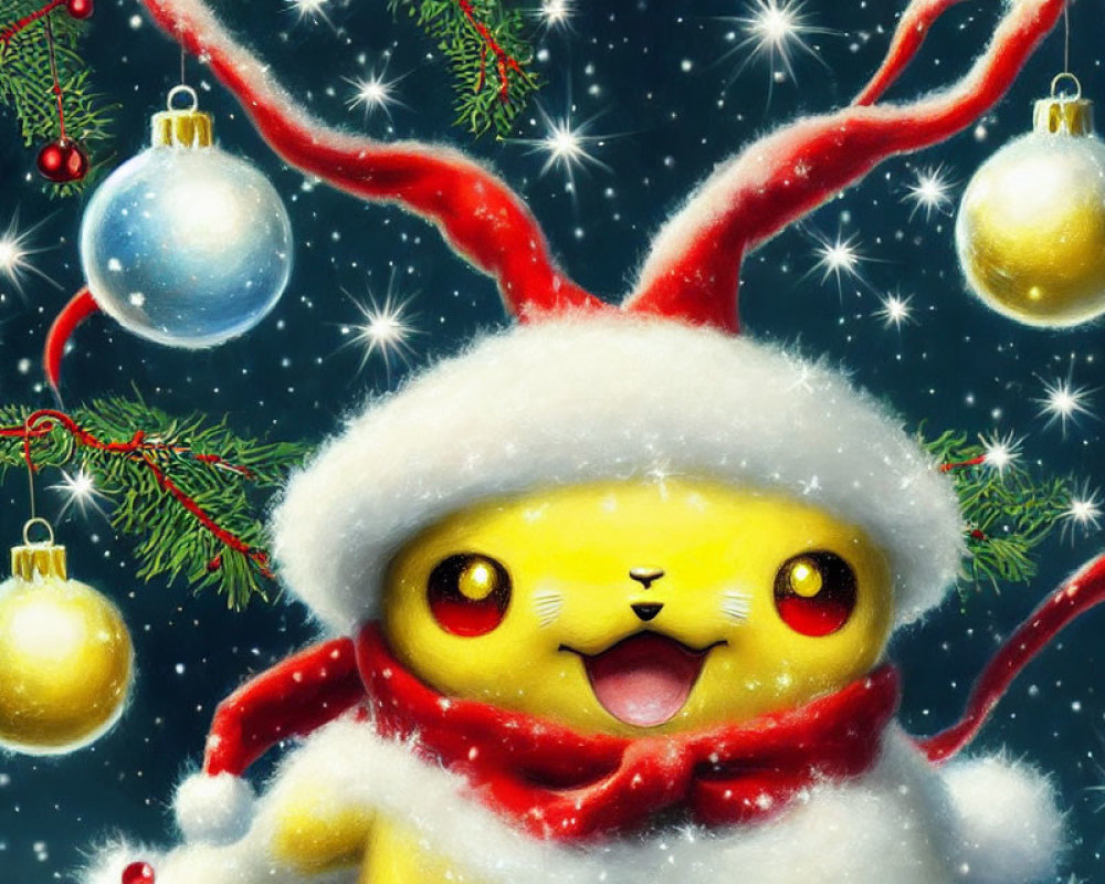 Festive Pikachu illustration with red scarf and Santa hat surrounded by Christmas ornaments and snowflakes