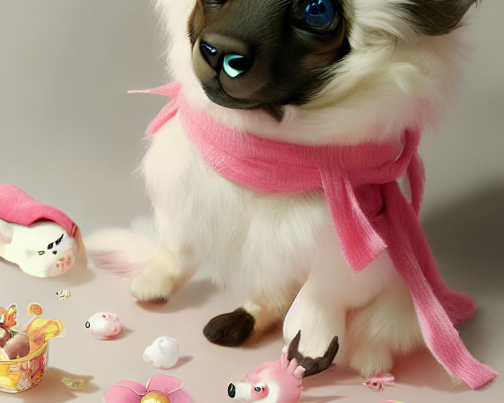 Anthropomorphic puppy digital art with blue eyes and pink scarf.