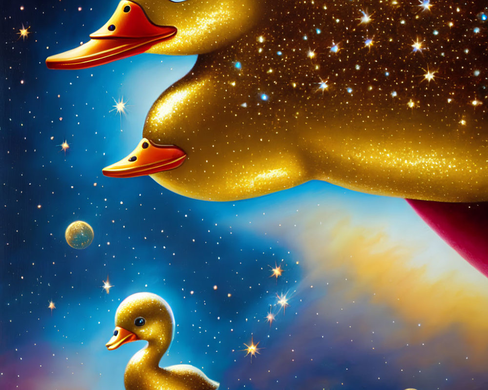 Stylized rubber ducks in whimsical space scene with cosmic backdrop