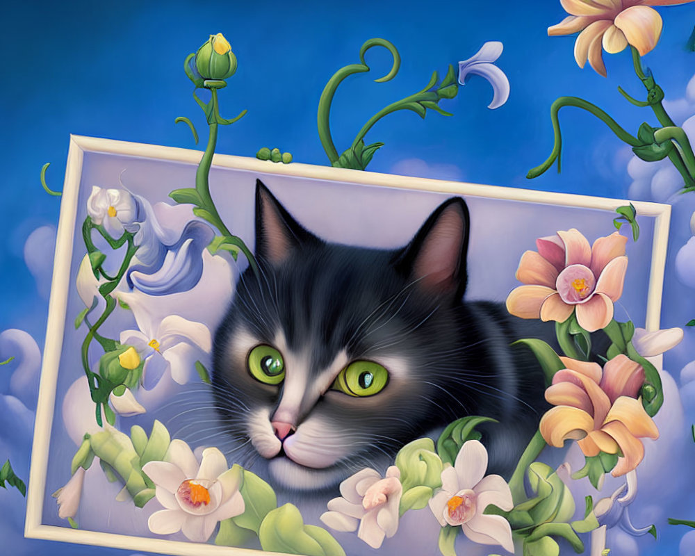 Green-eyed cat framed by flowers and vines on blue background