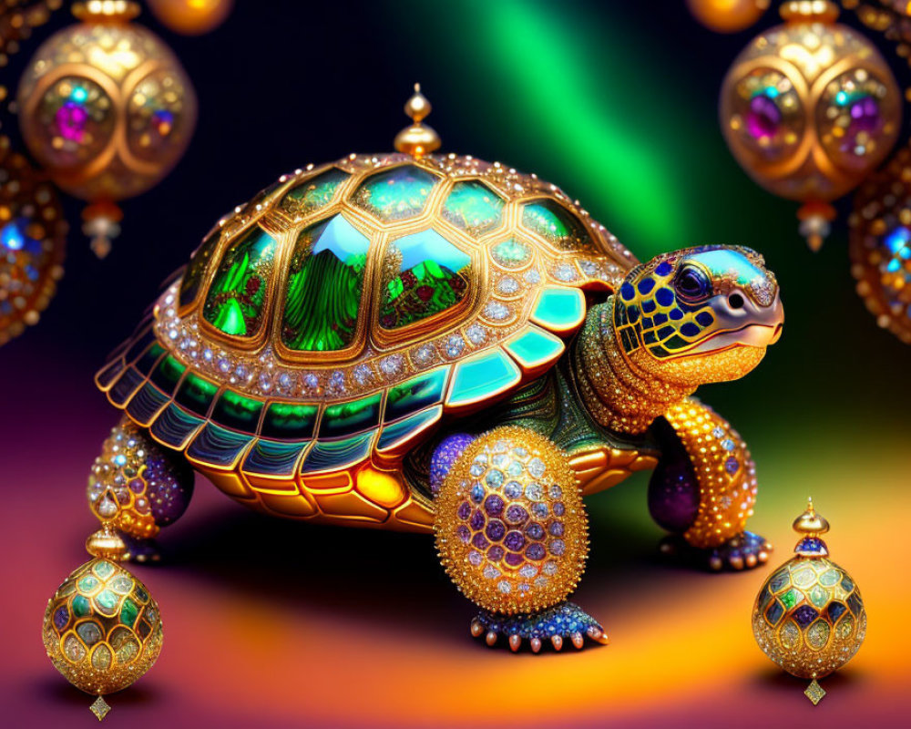 Colorful Ornate Turtle with Jewel-Encrusted Shell in Magical Setting