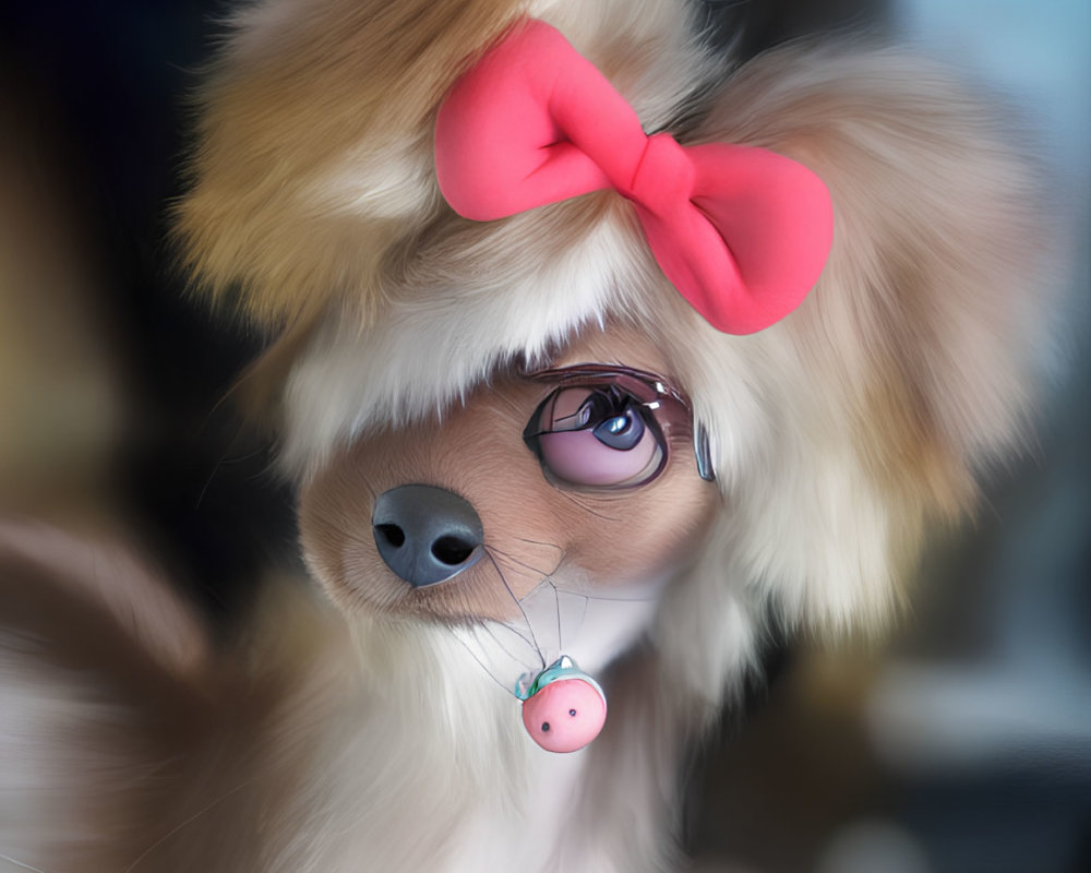 Stylized anthropomorphic dog with large eyes and pacifier, against blurred background