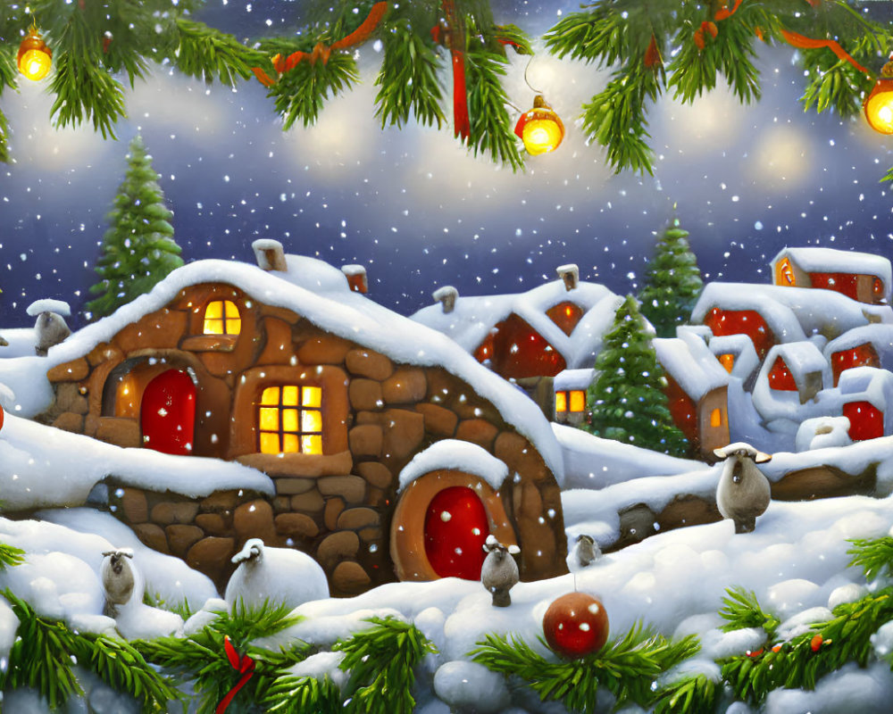 Winter Scene: Snowy Cottages, Pine Trees, Rabbits & Snowflakes