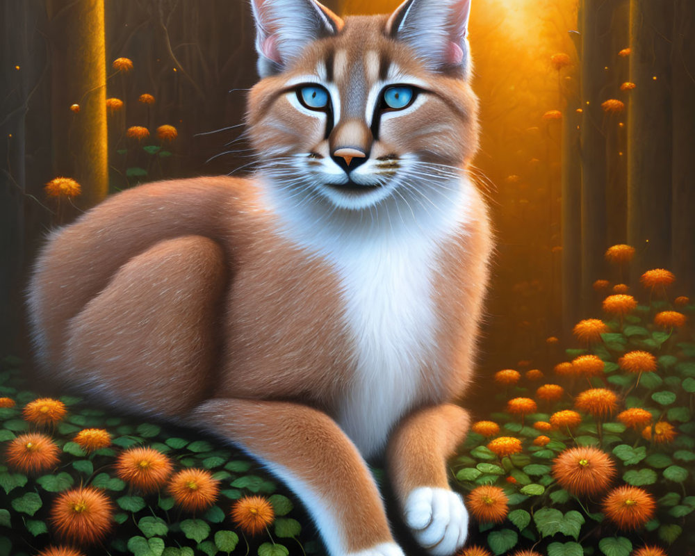 Majestic Orange and White Cat Among Orange Flowers in Ethereal Forest