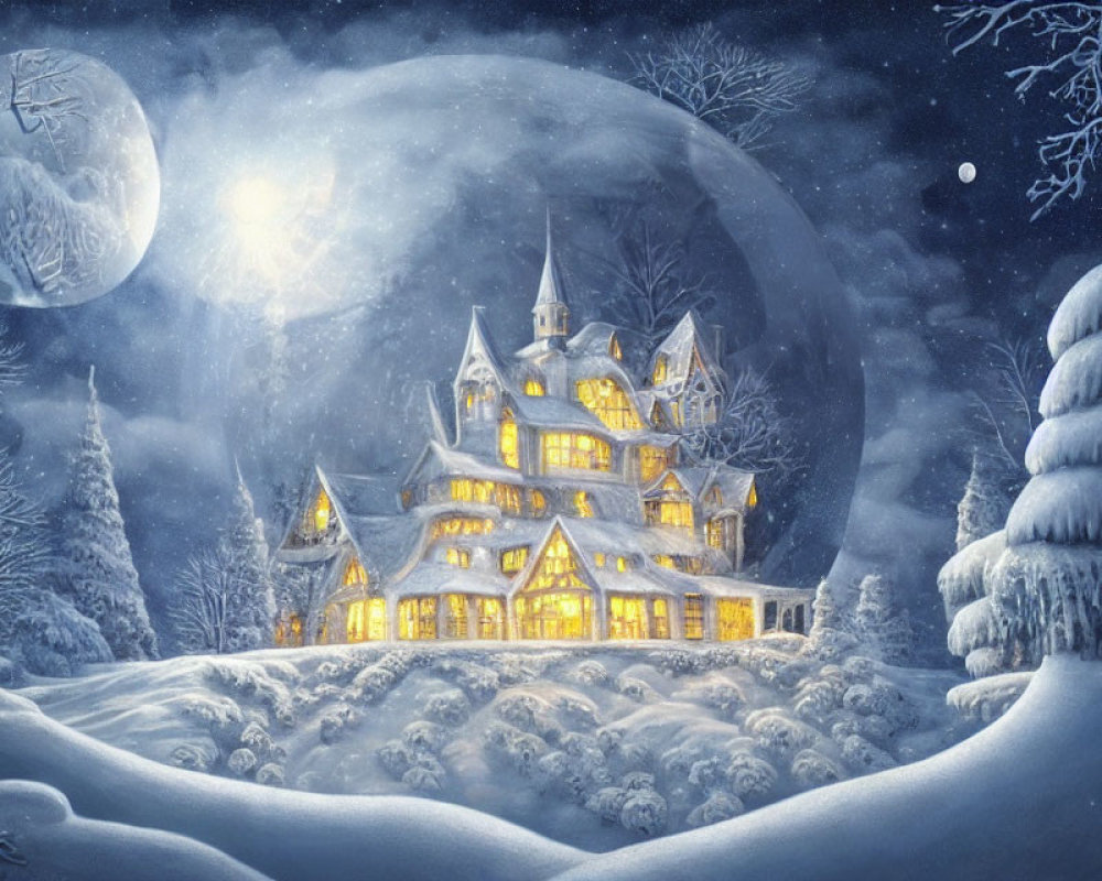 Snowy Landscape: Illuminated Mansion Under Full Moon