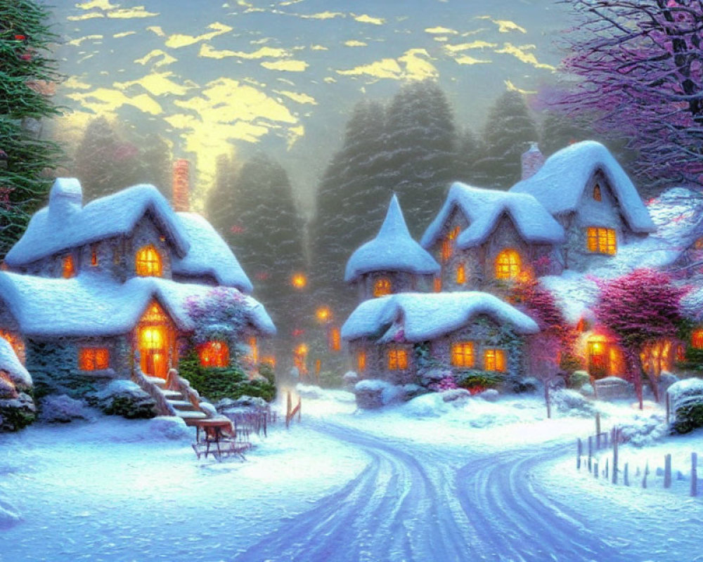 Twilight forest scene: Snow-covered cottages and glowing windows