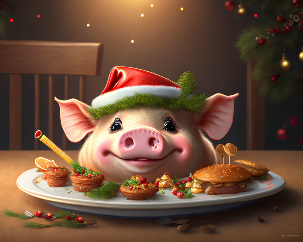 Cheerful Cartoon Pig in Santa Hat Surrounded by Festive Holiday Ambiance