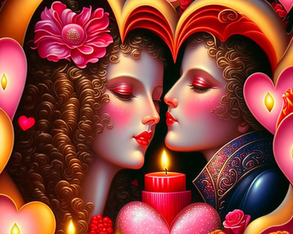 Illustration of stylized faces surrounded by hearts, flowers, and candles