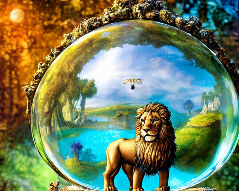 Majestic lion in transparent bubble against vibrant landscape