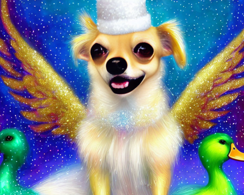 Whimsical digitally altered Chihuahua with angel wings, fez hat, and rubber ducks