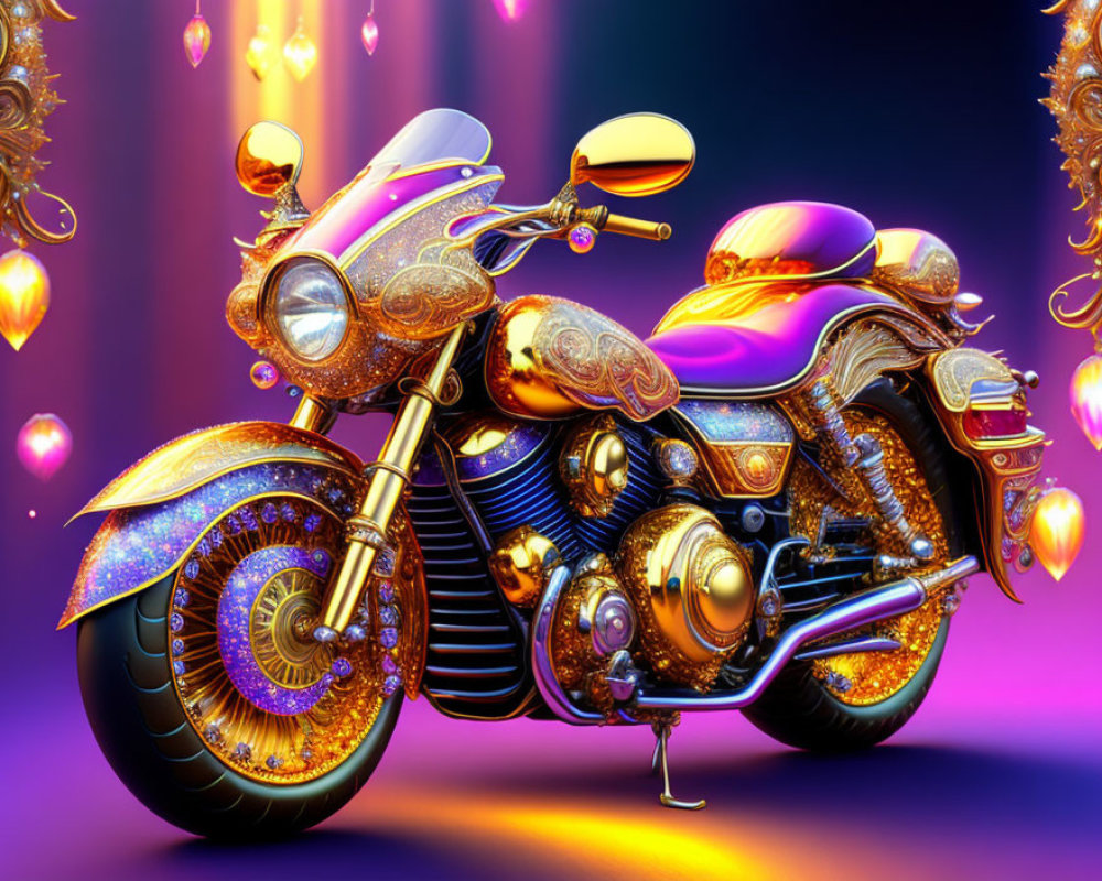 Colorful Ornate Motorcycle with Golden Accents on Vibrant Background