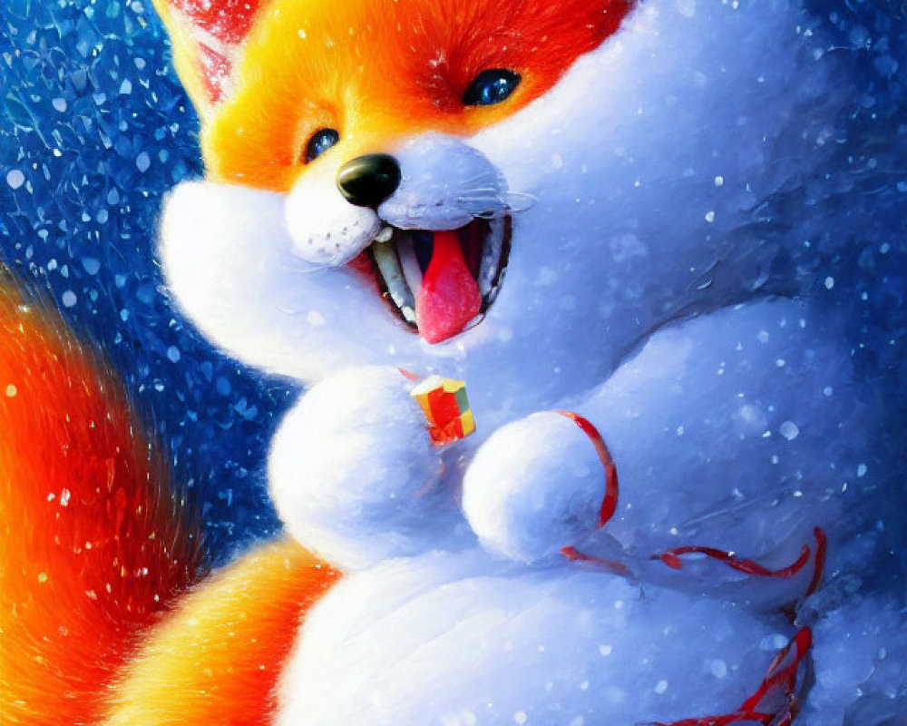 Colorful Fox Smiling in Snowy Scene