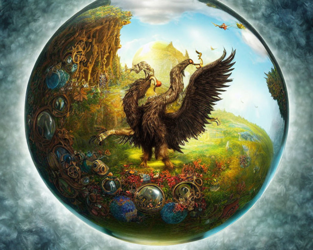 Spherical world with eagle, greenery, gears, and bubbles