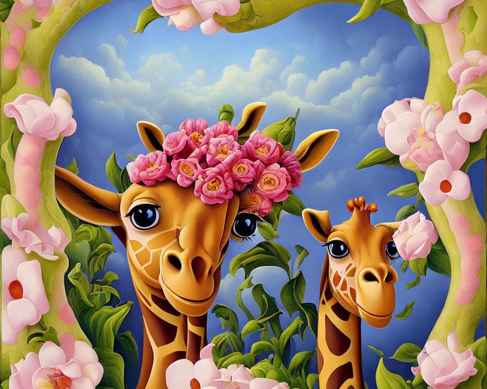 Two animated giraffes with big eyes among pink flowers under blue sky.