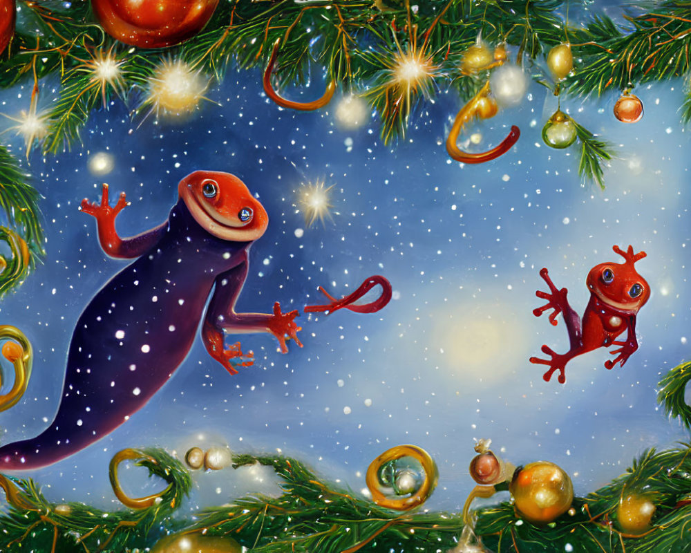 Two Smiling Geckos in Festive Christmas Scene