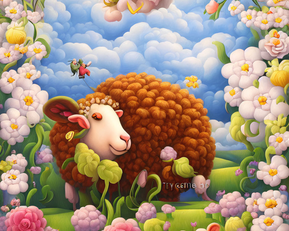 Fluffy sheep surrounded by vibrant flowers and cherubs in whimsical illustration