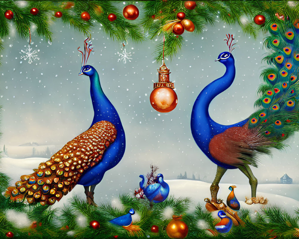 Vibrant peacocks under pine branches with red ornaments in snowy scene.