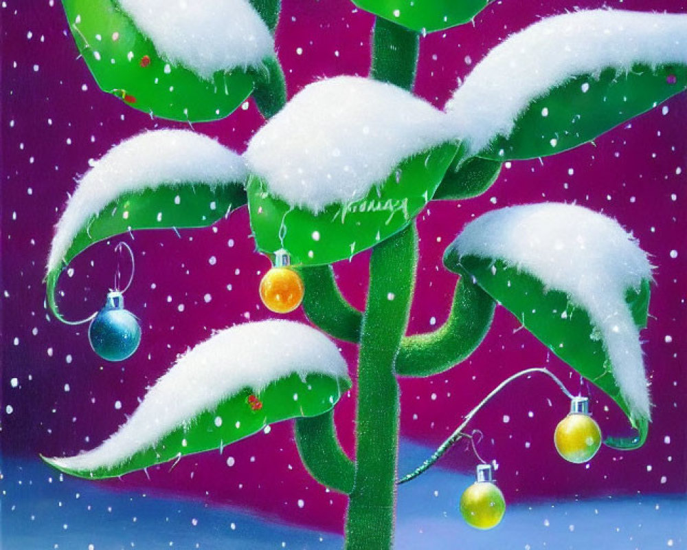 Colorful Christmas tree illustration under snowy night sky