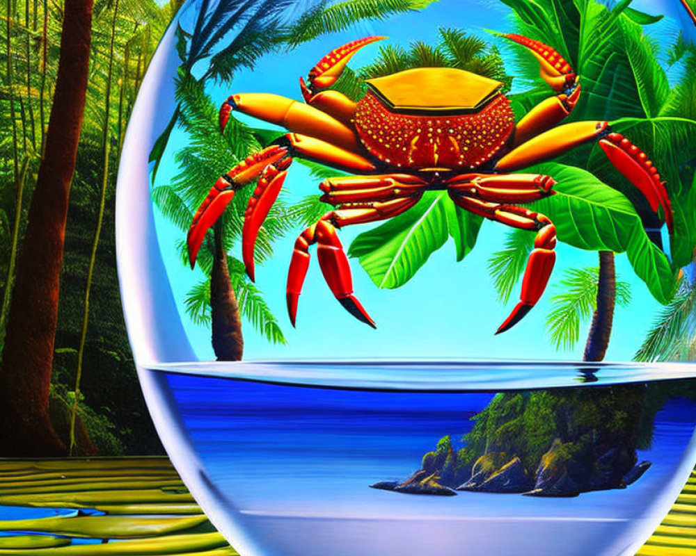 Colorful crystal art with tropical crab and palm tree scene