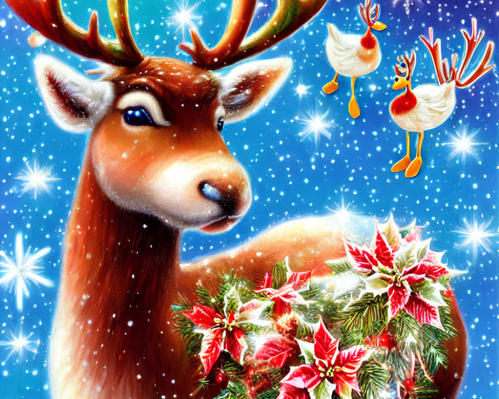 Festive reindeer with sparkling antlers amid flying ornaments and wreath on snowy backdrop