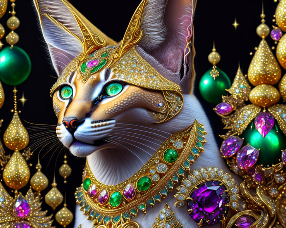 Digital illustration of a jeweled cat with Christmas ornaments