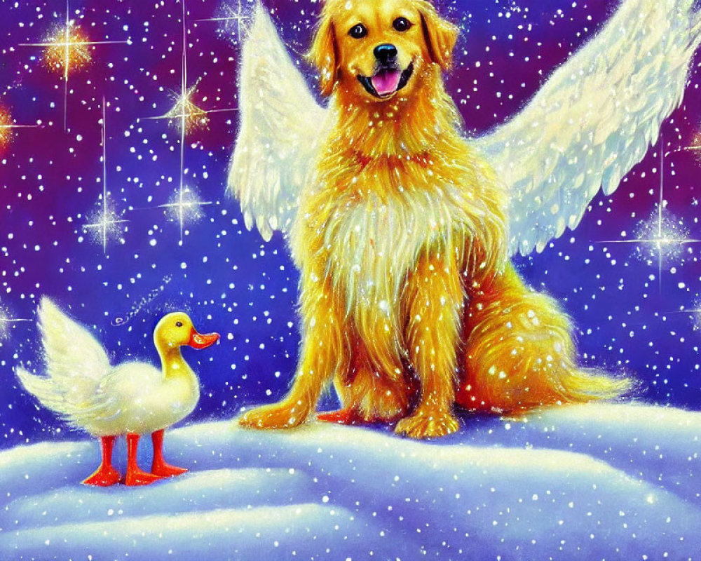 Golden retriever with angel wings beside duck on snowy hill under starry sky