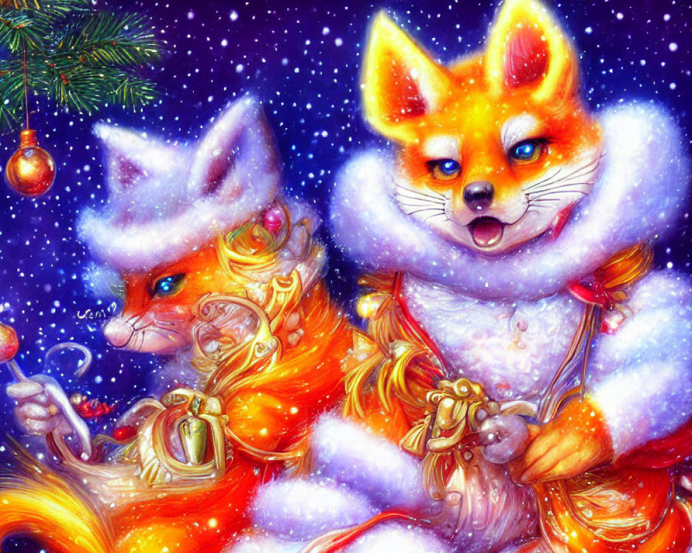 Festive anthropomorphic foxes in white outfits with Christmas tree background