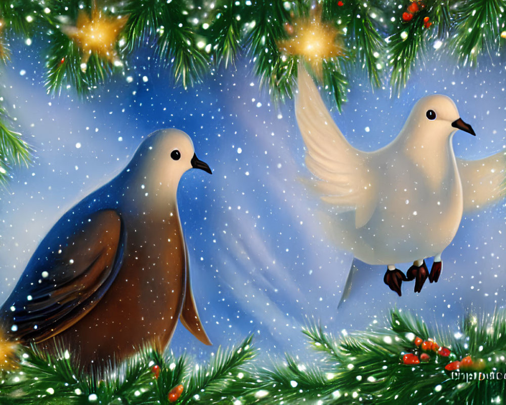 Illustrated doves in flight and perched with festive pine branches and snowflakes