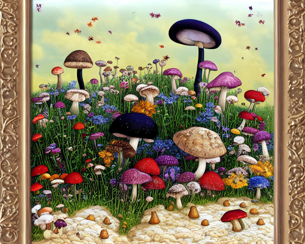 Colorful Mushroom Illustration in Whimsical Garden with Golden Frame