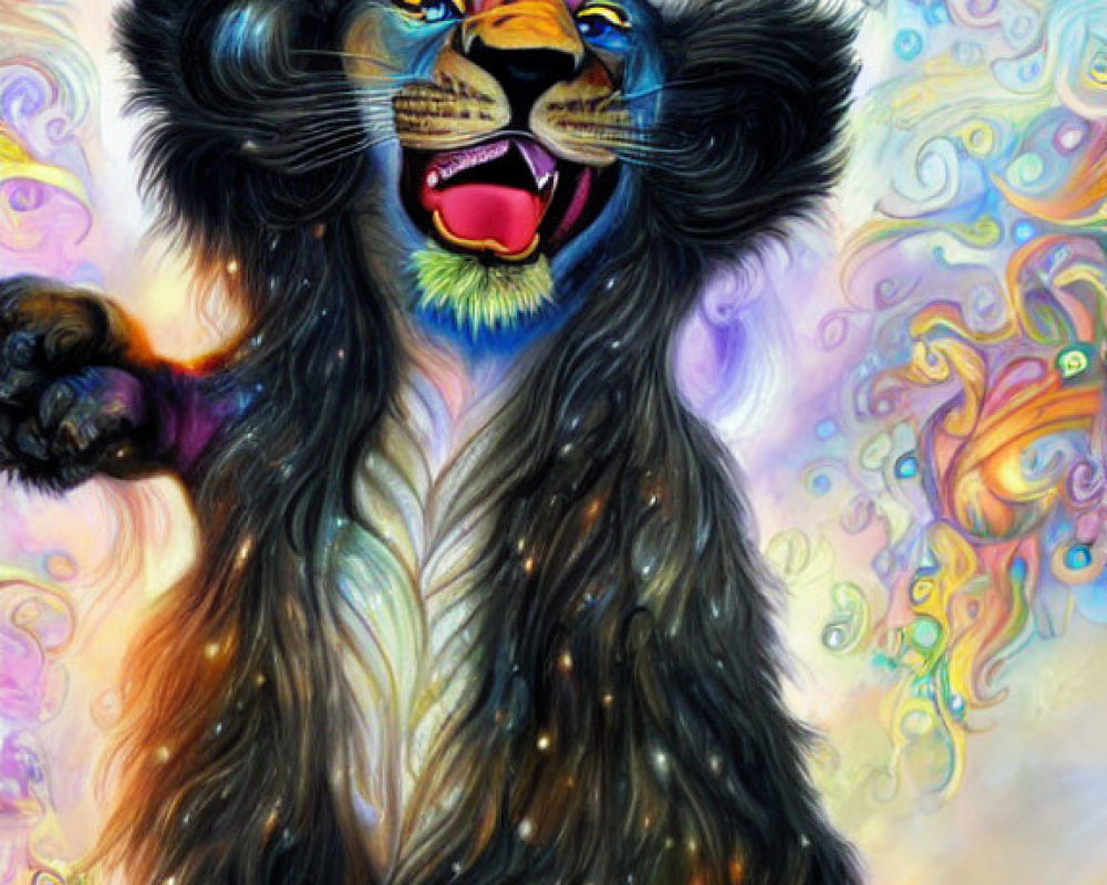 Vibrant surreal lion illustration with expressive face