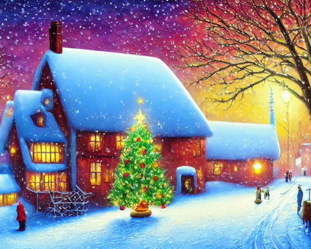 Snow-covered Cottage with Festive Decorations and Christmas Tree in Magical Snowy Evening