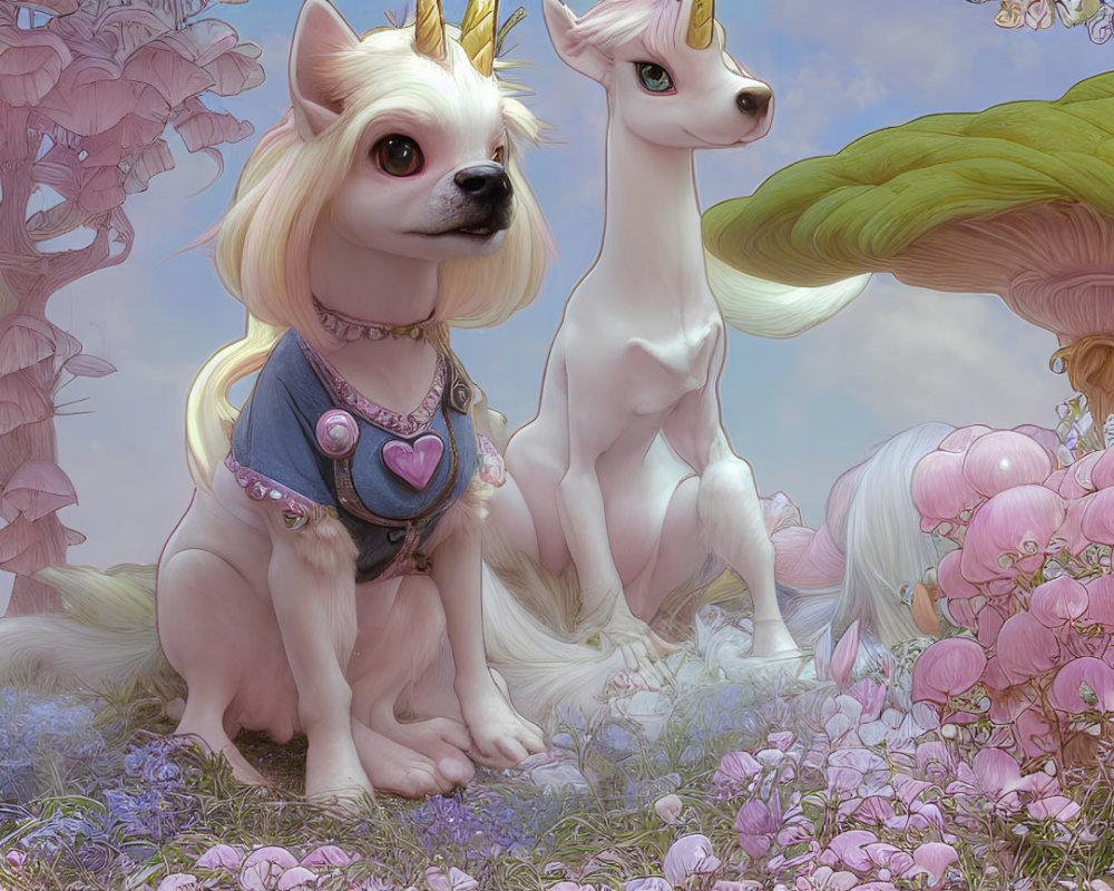 Anthropomorphic dogs with crowns in floral landscape, one wearing a heart vest