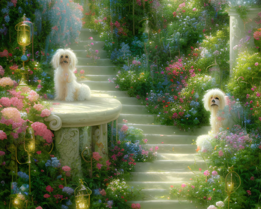 Fluffy White Dogs in Colorful Garden with Lanterns