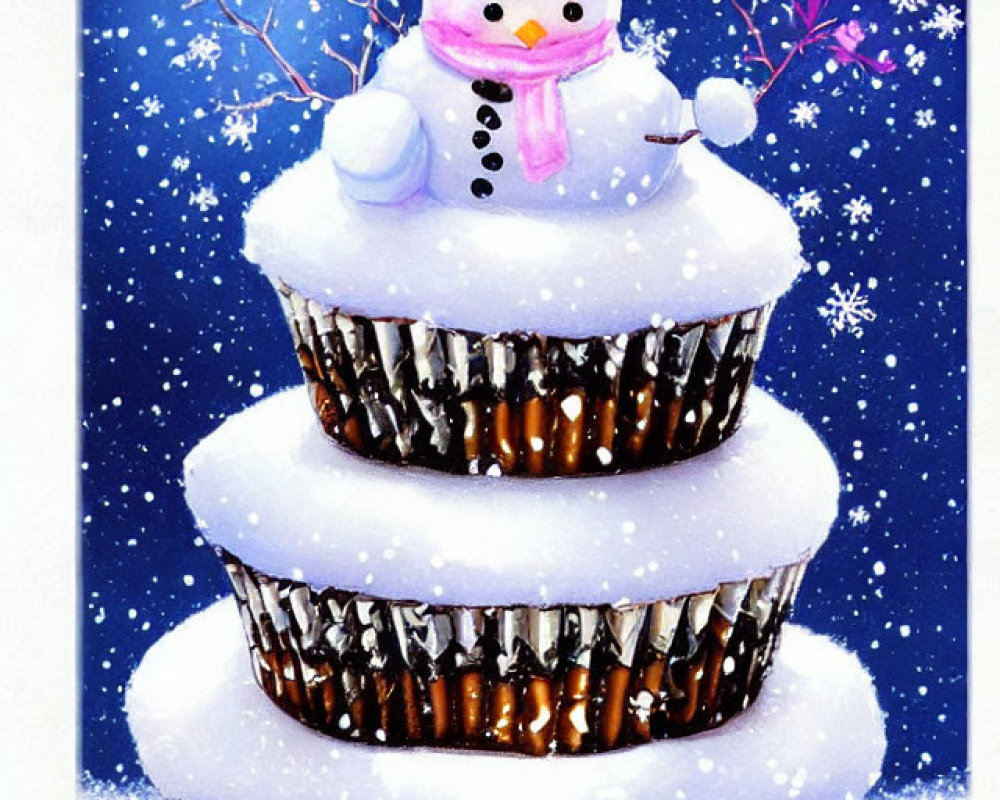 Snowman on Cupcake Christmas Tree under Starry Night Sky