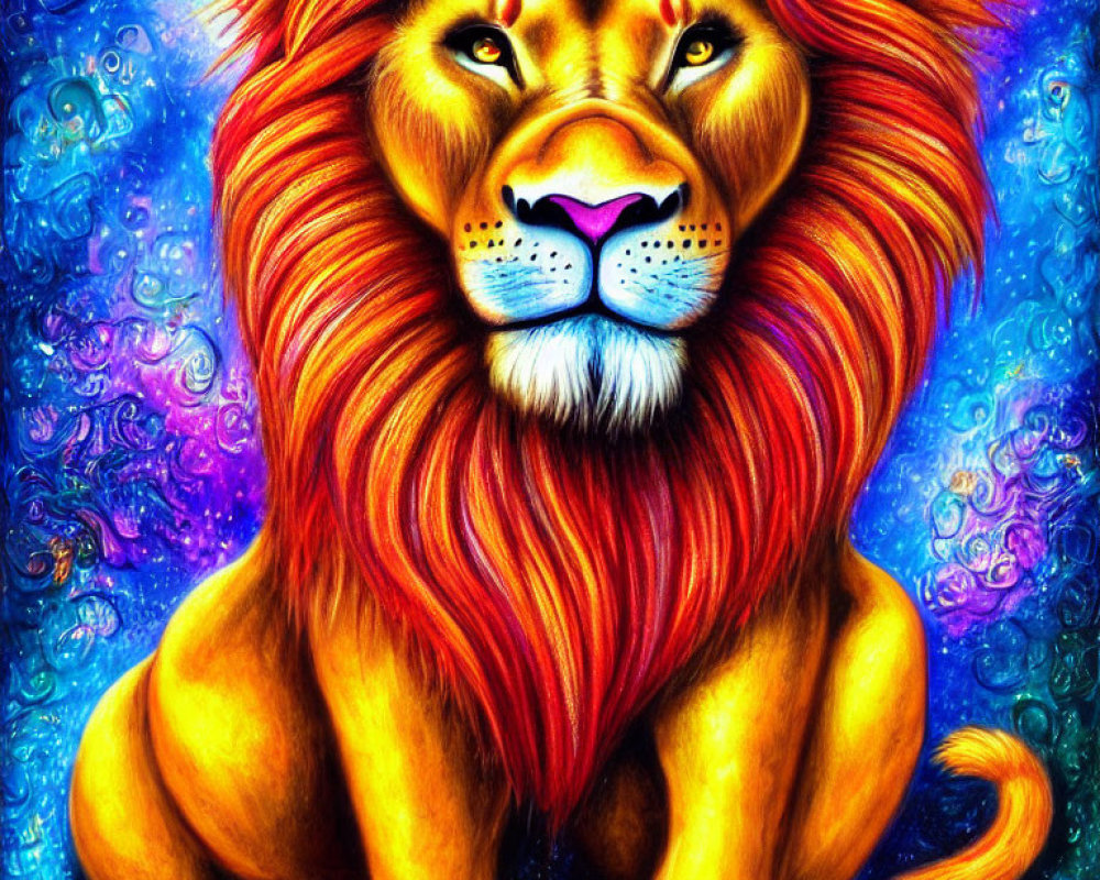 Colorful Illustration of Majestic Lion with Red Mane on Blue Purple Background