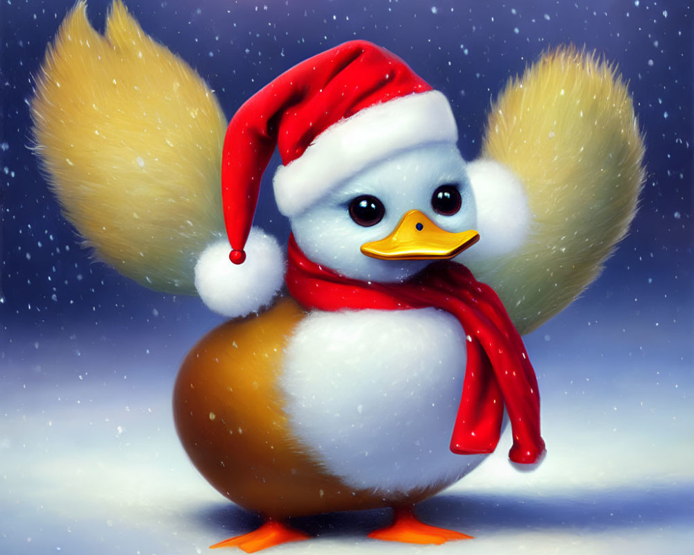 Chubby penguin in Santa hat and scarf standing in snowfall