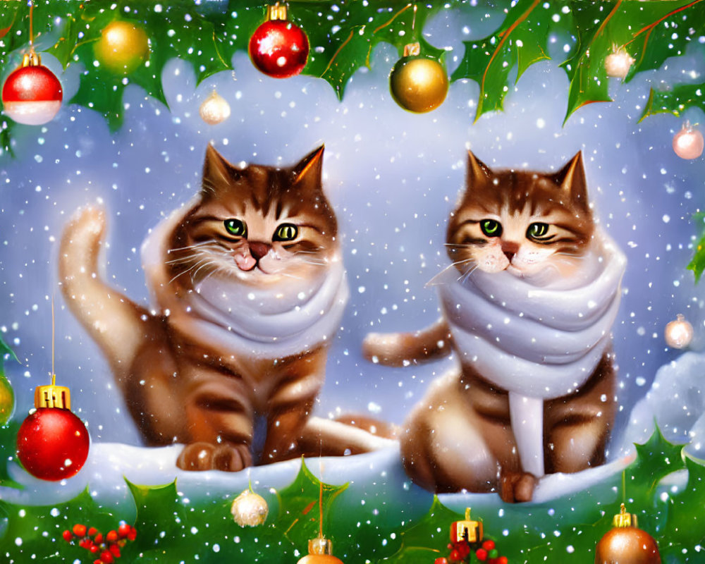 Two animated cats with scarves in a holiday setting with snowflakes and decorations.