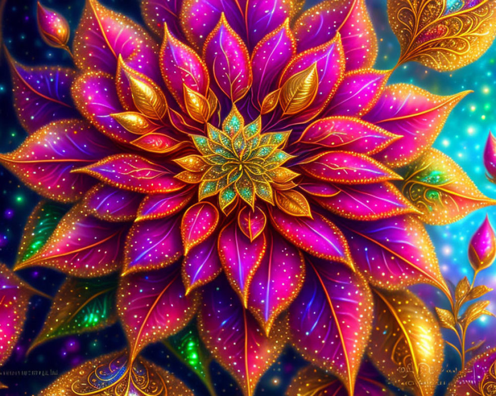 Colorful digital artwork of a layered flower with gold patterns on a cosmic backdrop