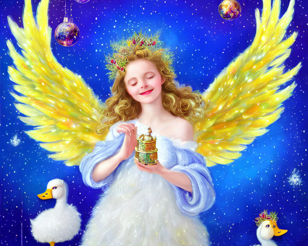 Golden-winged angelic girl with carousel ornament, ducks with crowns, and shiny spheres in star