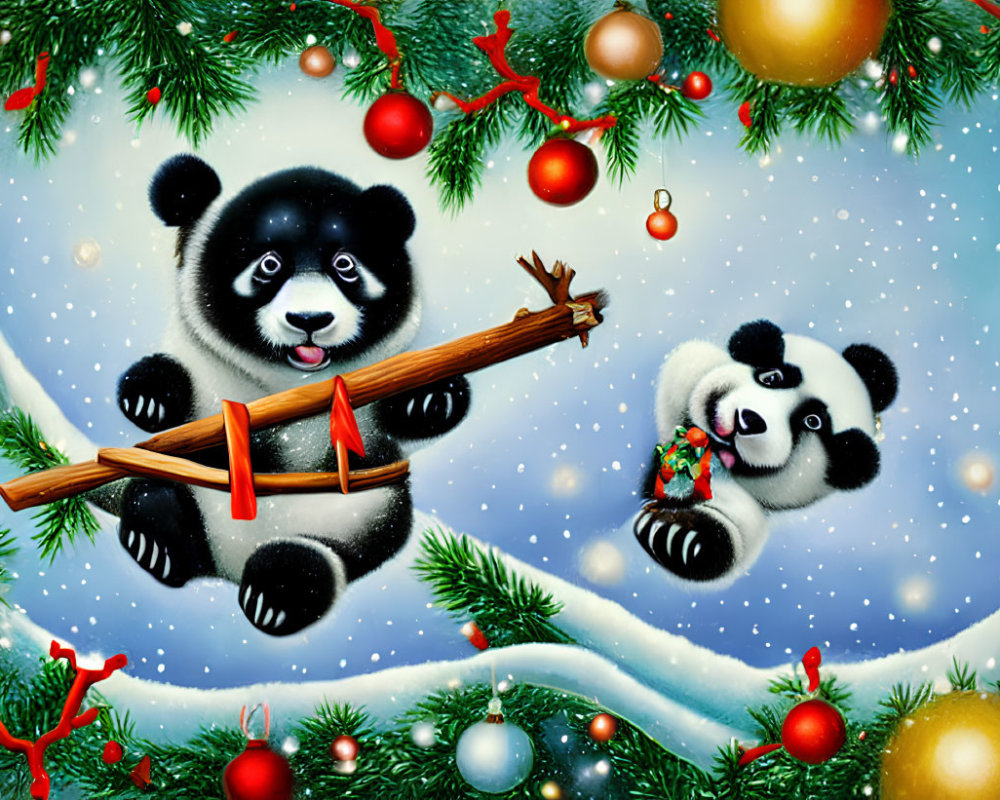 Playful cartoon panda flying reindeer-sleigh in festive winter scene