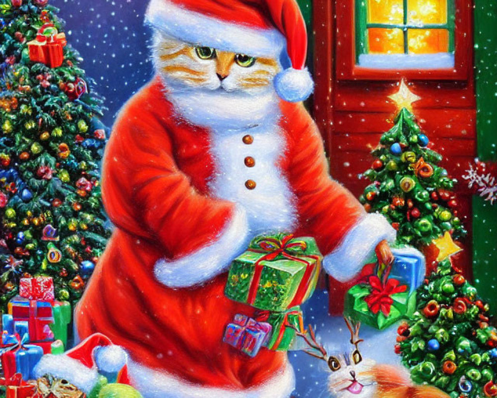 Festive Cat Santa Claus with Gift in Snowy Christmas Scene